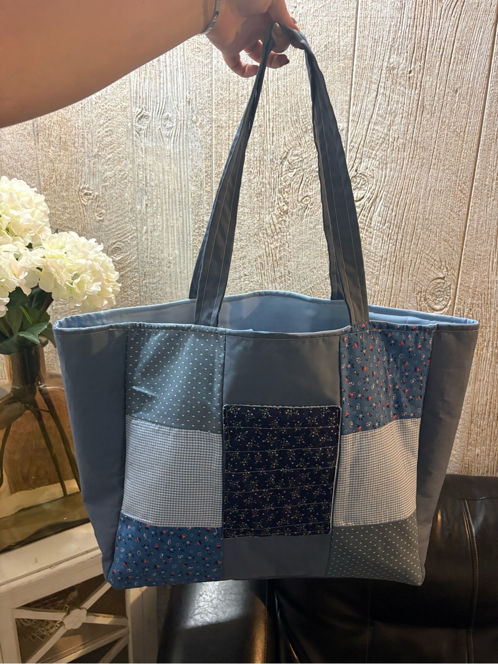 Blue Patchwork Tote Bag with Floral & Gingham Panels